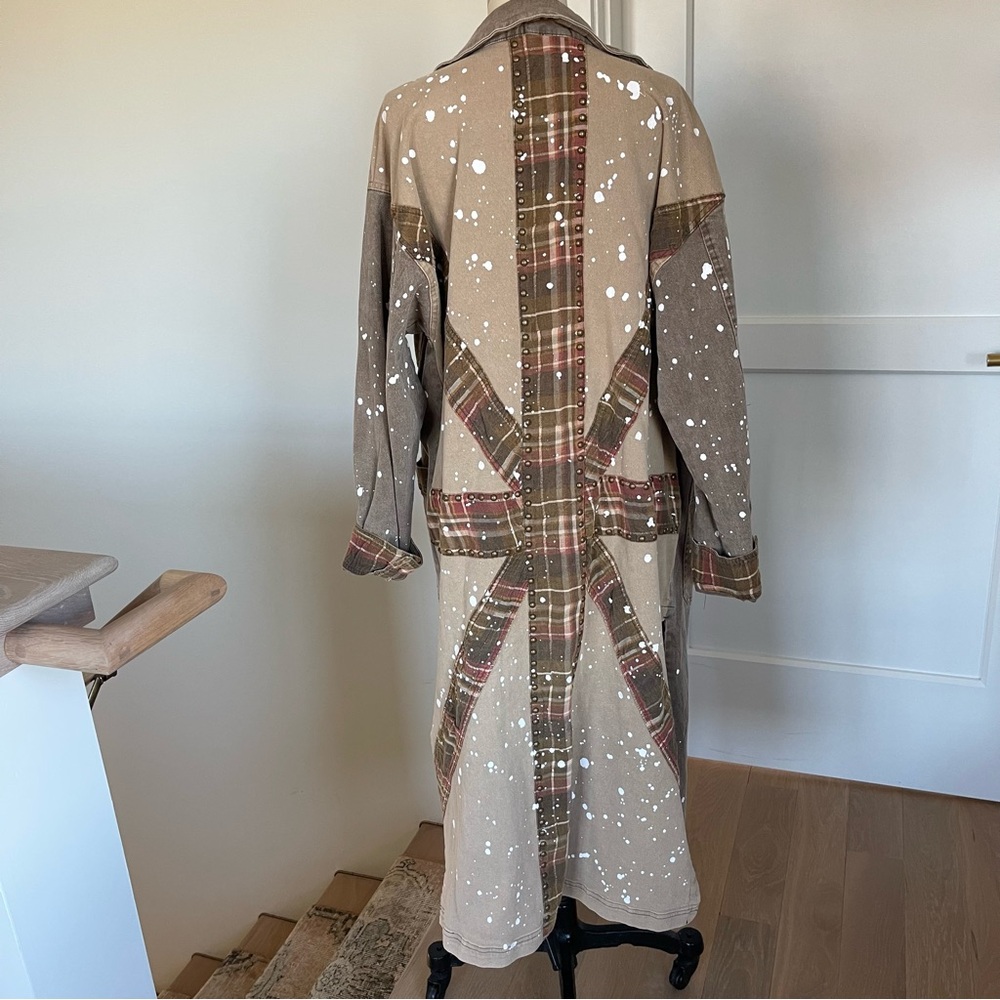 The Porter Collective duster jacket, paint splattered, Union Jack on back, sz S
